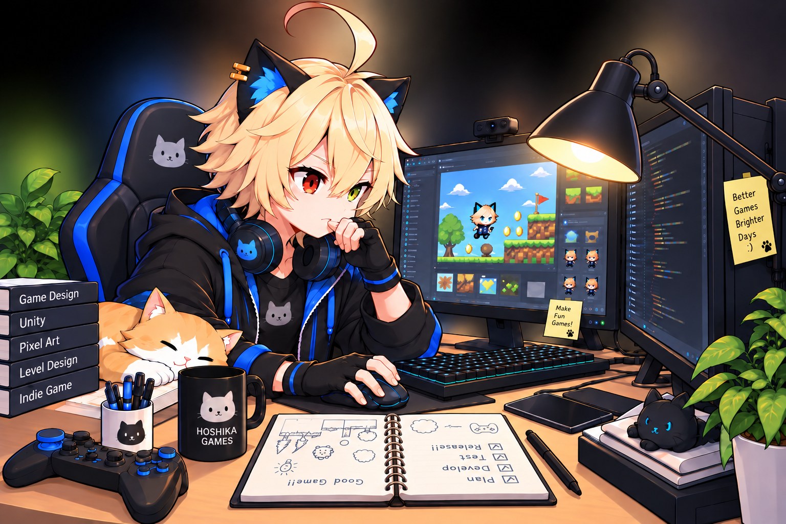 ゲーム制作デスクでくつろぐ星影